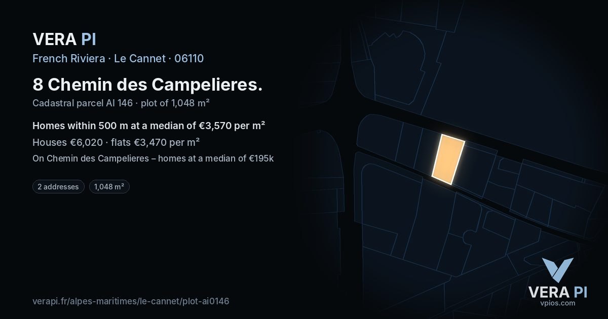 8 Chemin des Campelieres, Le Cannet at night – the plot lit, the parcels around coloured by the prices near them