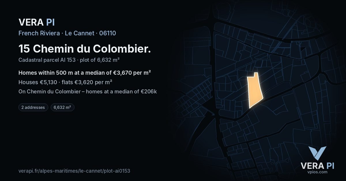15 Chemin du Colombier, Le Cannet at night – the plot lit, the parcels around coloured by the prices near them
