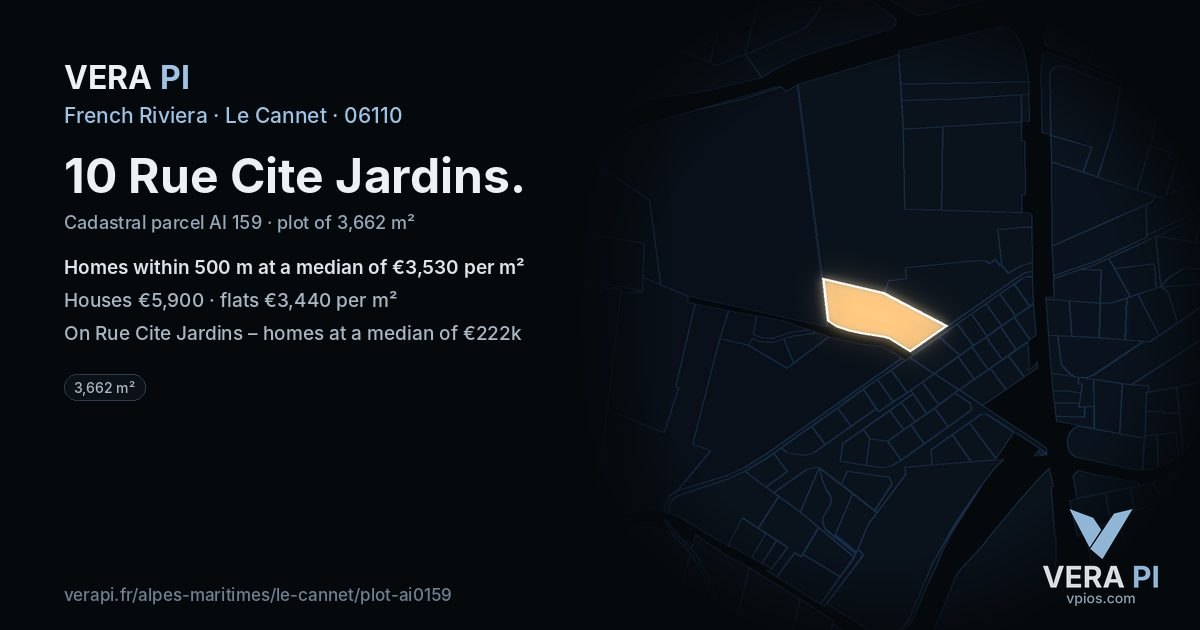 10 Rue Cite Jardins, Le Cannet at night – the plot lit, the parcels around coloured by the prices near them