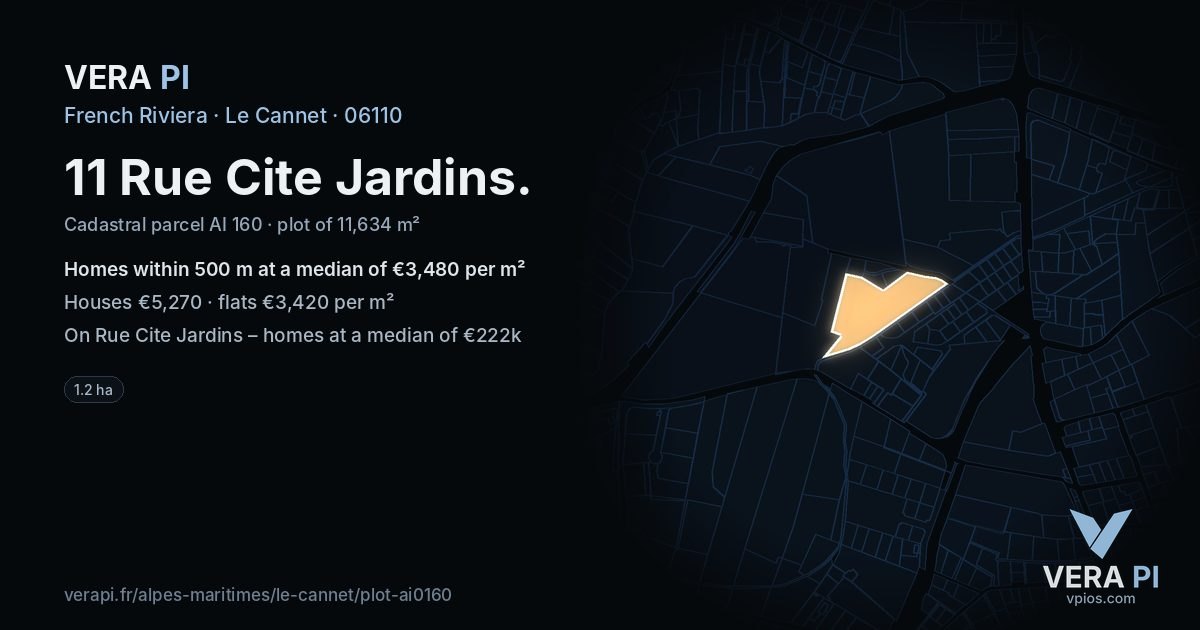 11 Rue Cite Jardins, Le Cannet at night – the plot lit, the parcels around coloured by the prices near them