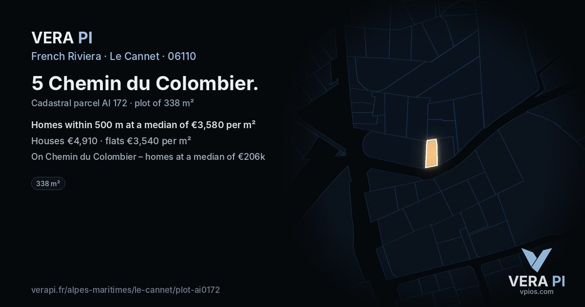 5 Chemin du Colombier, Le Cannet at night – the plot lit, the parcels around coloured by the prices near them