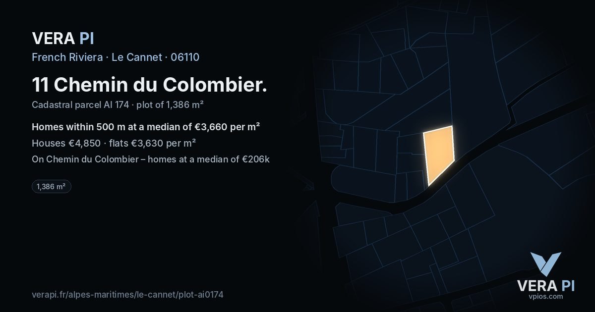 11 Chemin du Colombier, Le Cannet at night – the plot lit, the parcels around coloured by the prices near them