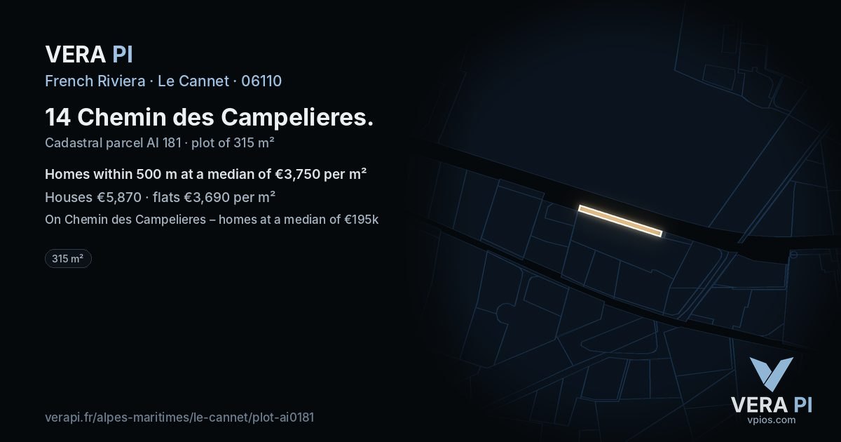 14 Chemin des Campelieres, Le Cannet at night – the plot lit, the parcels around coloured by the prices near them