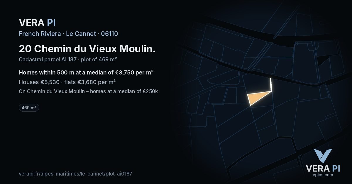 20 Chemin du Vieux Moulin, Le Cannet at night – the plot lit, the parcels around coloured by the prices near them