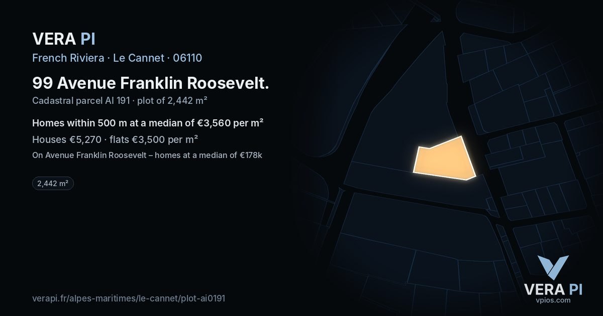 99 Avenue Franklin Roosevelt, Le Cannet at night – the plot lit, the parcels around coloured by the prices near them