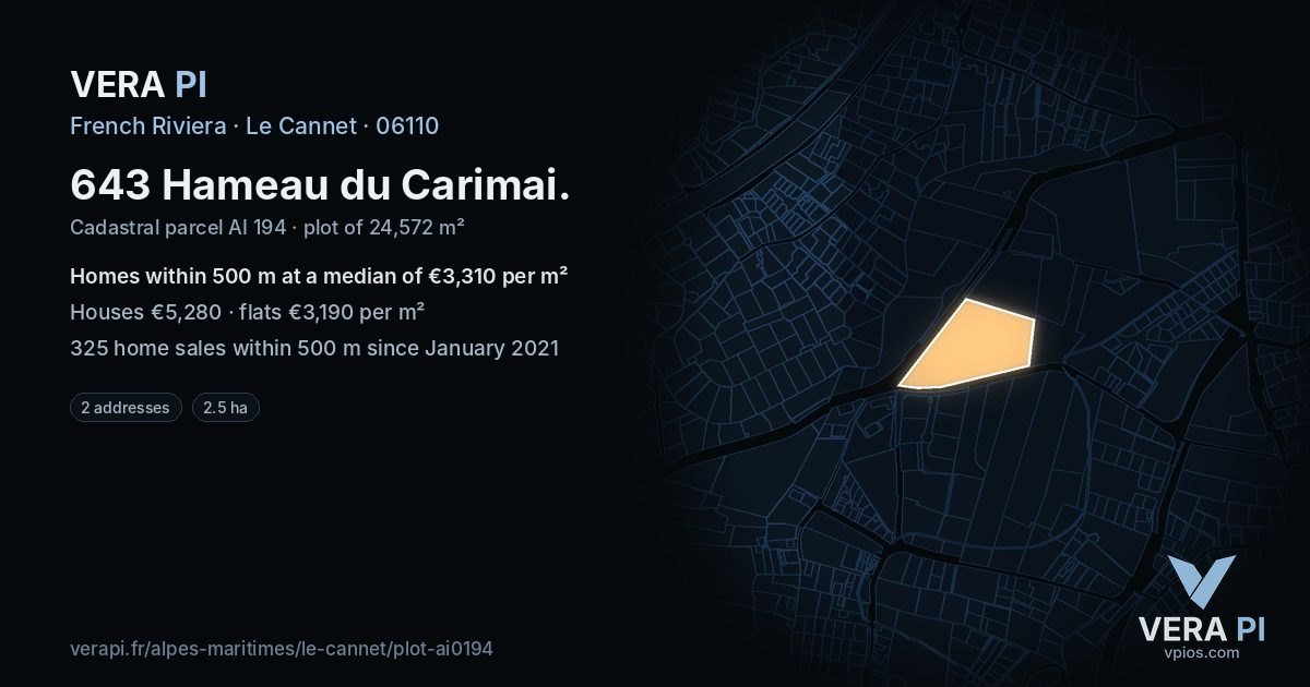 643 Hameau du Carimai, Le Cannet at night – the plot lit, the parcels around coloured by the prices near them