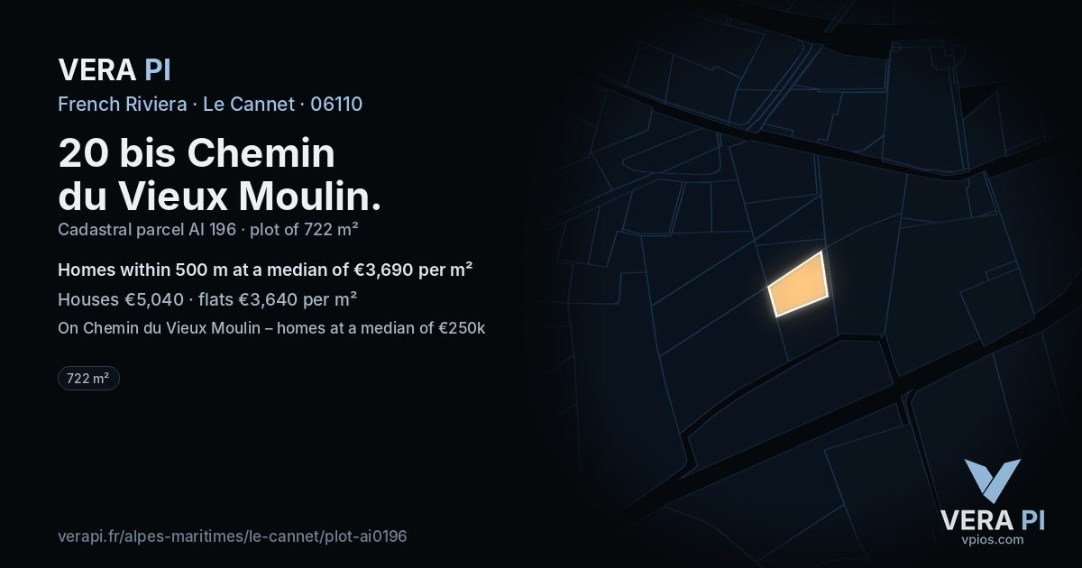 20 bis Chemin du Vieux Moulin, Le Cannet at night – the plot lit, the parcels around coloured by the prices near them