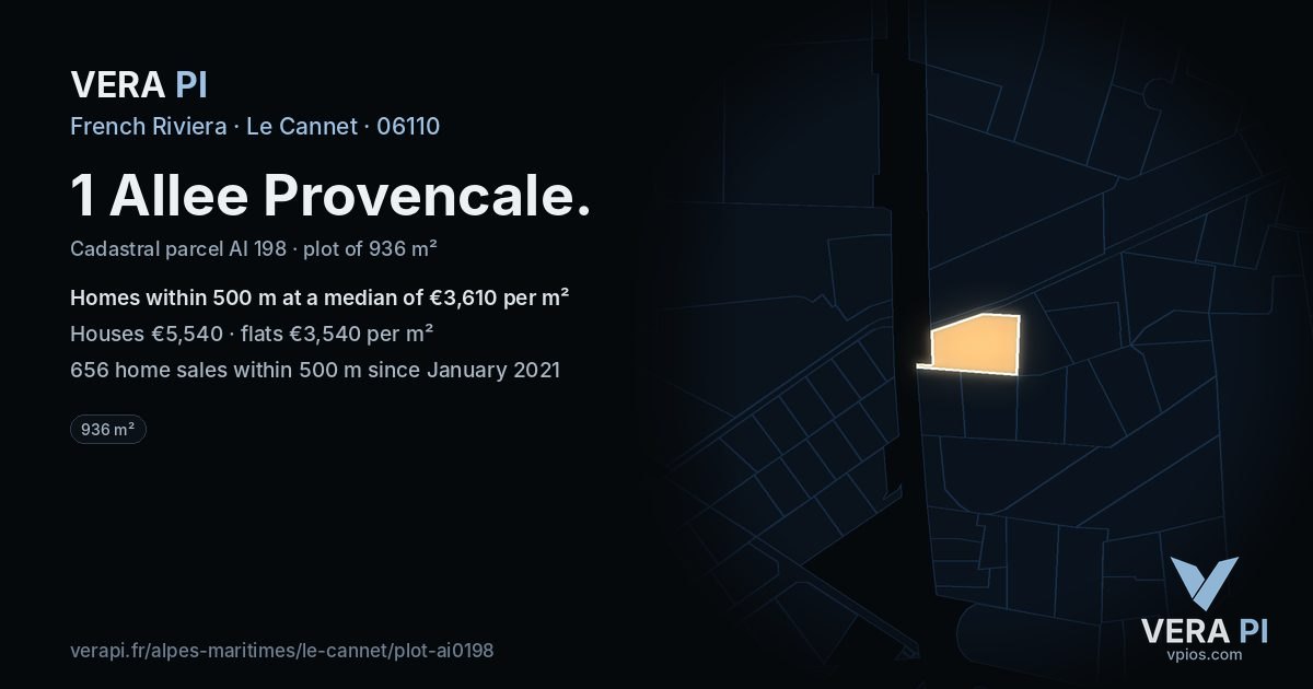 1 Allee Provencale, Le Cannet at night – the plot lit, the parcels around coloured by the prices near them