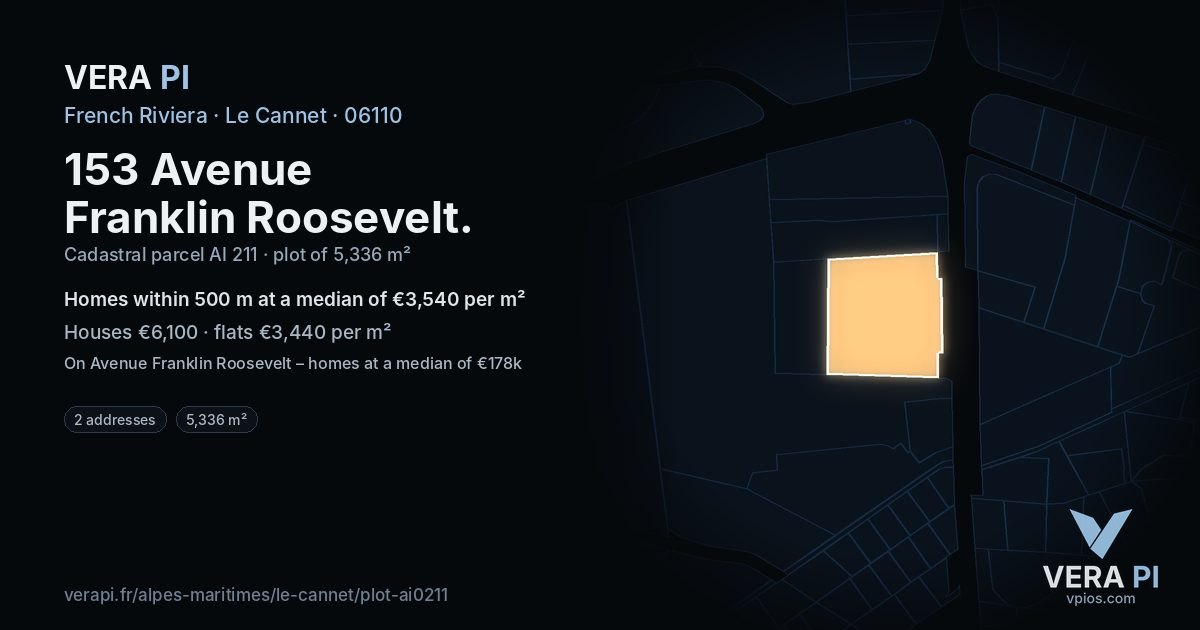 153 Avenue Franklin Roosevelt, Le Cannet at night – the plot lit, the parcels around coloured by the prices near them
