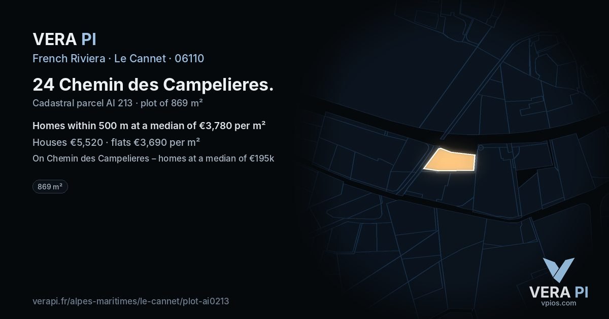 24 Chemin des Campelieres, Le Cannet at night – the plot lit, the parcels around coloured by the prices near them