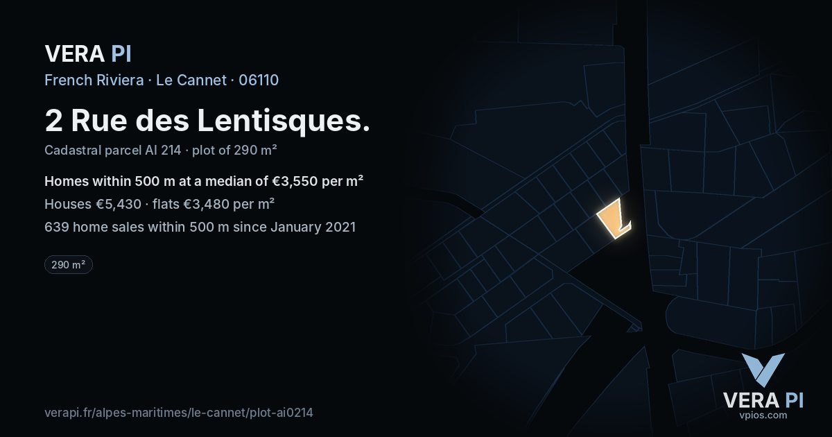 2 Rue des Lentisques, Le Cannet at night – the plot lit, the parcels around coloured by the prices near them