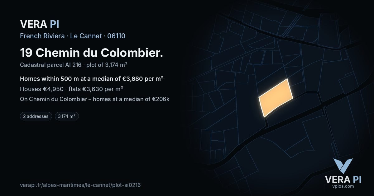 19 Chemin du Colombier, Le Cannet at night – the plot lit, the parcels around coloured by the prices near them