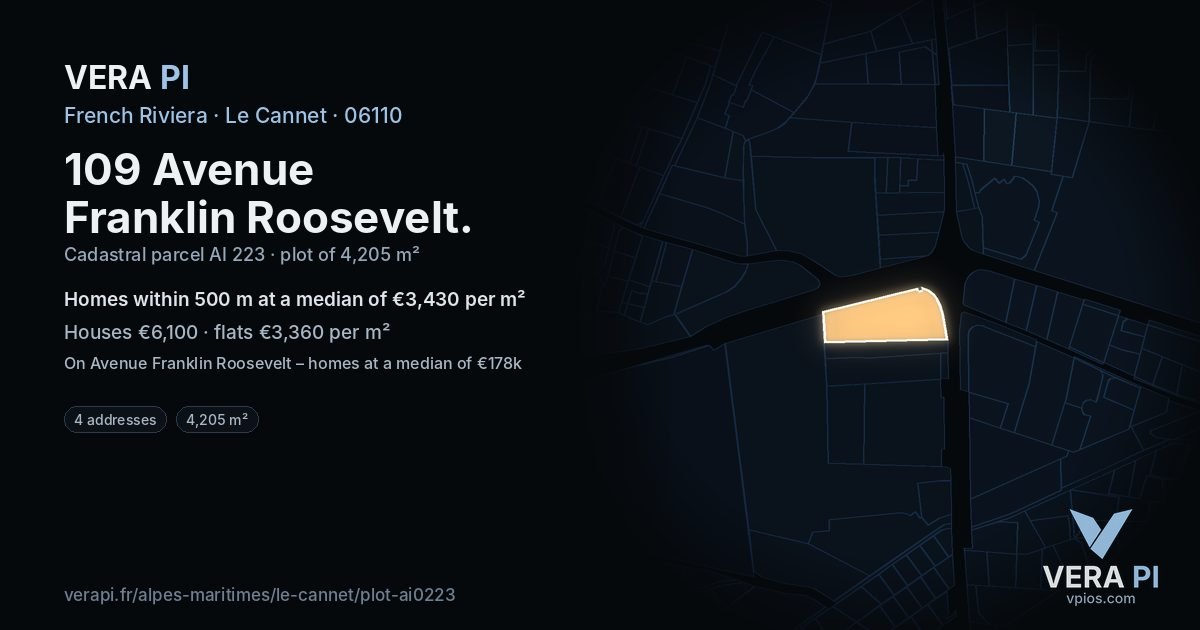 109 Avenue Franklin Roosevelt, Le Cannet at night – the plot lit, the parcels around coloured by the prices near them