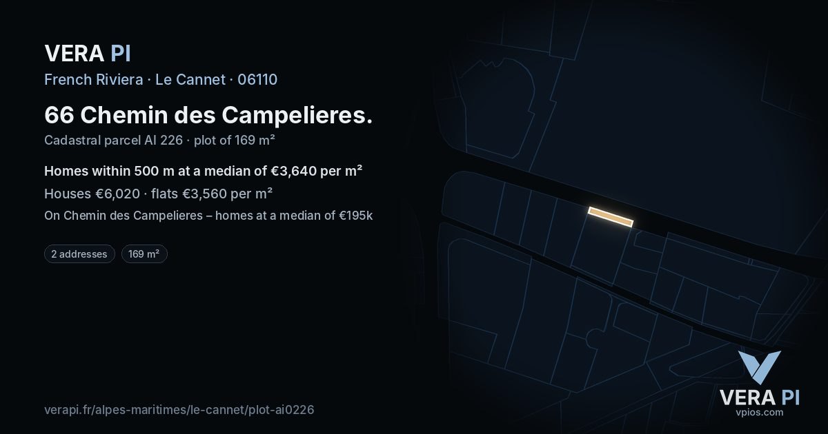 66 Chemin des Campelieres, Le Cannet at night – the plot lit, the parcels around coloured by the prices near them