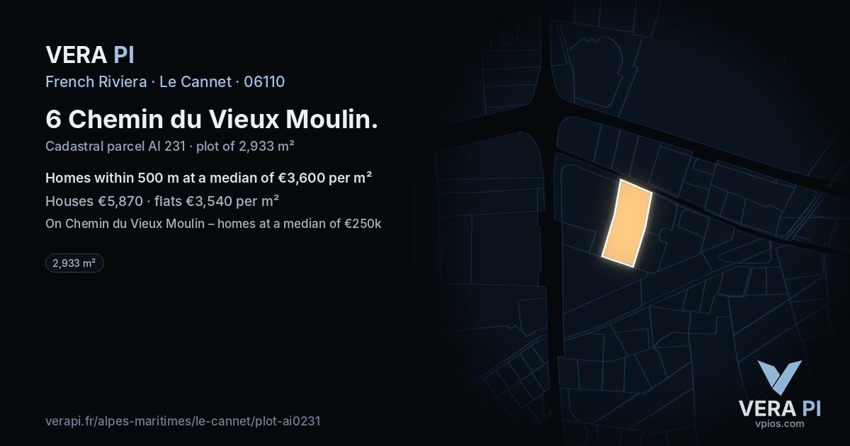 6 Chemin du Vieux Moulin, Le Cannet at night – the plot lit, the parcels around coloured by the prices near them