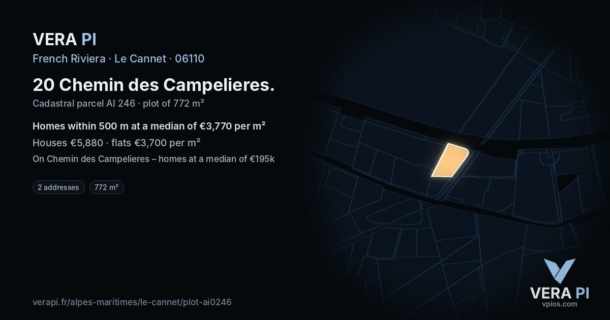 20 Chemin des Campelieres, Le Cannet at night – the plot lit, the parcels around coloured by the prices near them