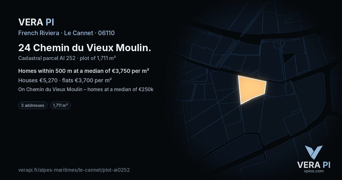24 Chemin du Vieux Moulin, Le Cannet at night – the plot lit, the parcels around coloured by the prices near them