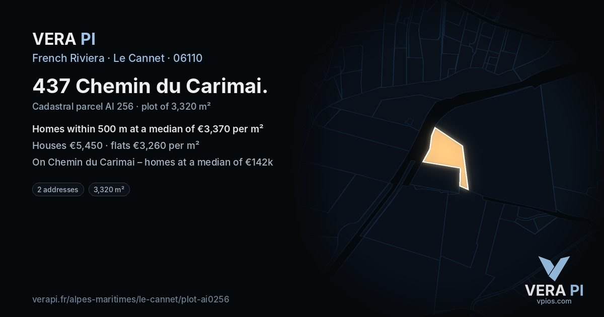 437 Chemin du Carimai, Le Cannet at night – the plot lit, the parcels around coloured by the prices near them