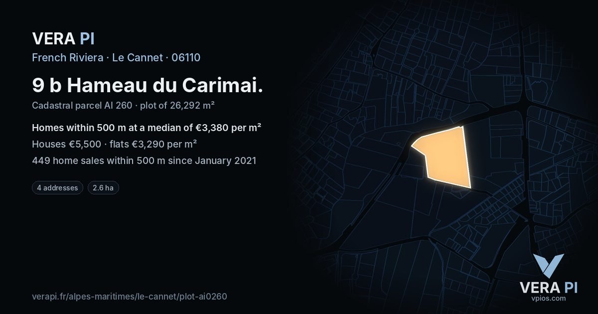 9 b Hameau du Carimai, Le Cannet at night – the plot lit, the parcels around coloured by the prices near them