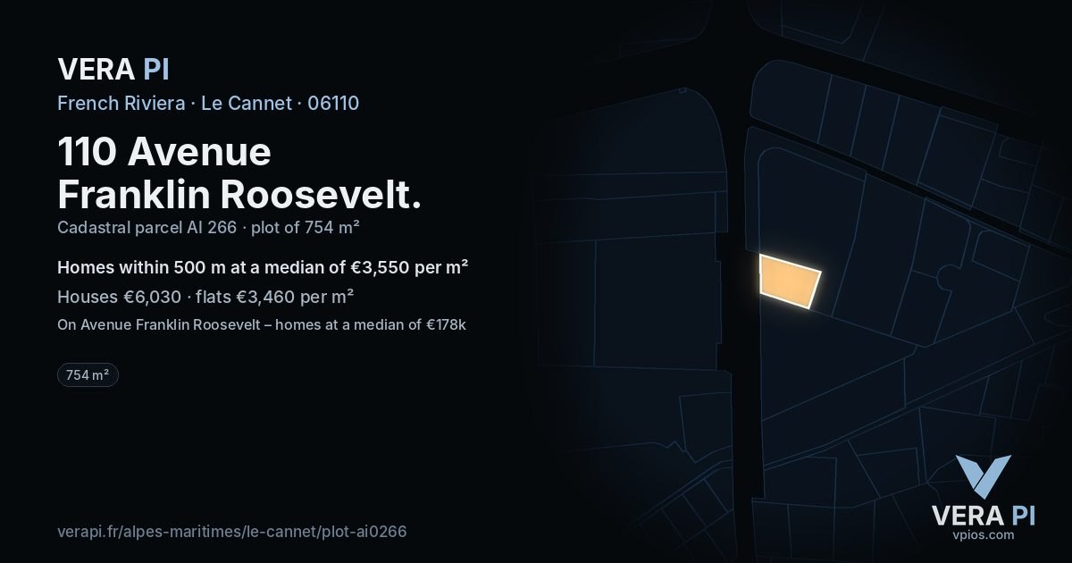 110 Avenue Franklin Roosevelt, Le Cannet at night – the plot lit, the parcels around coloured by the prices near them