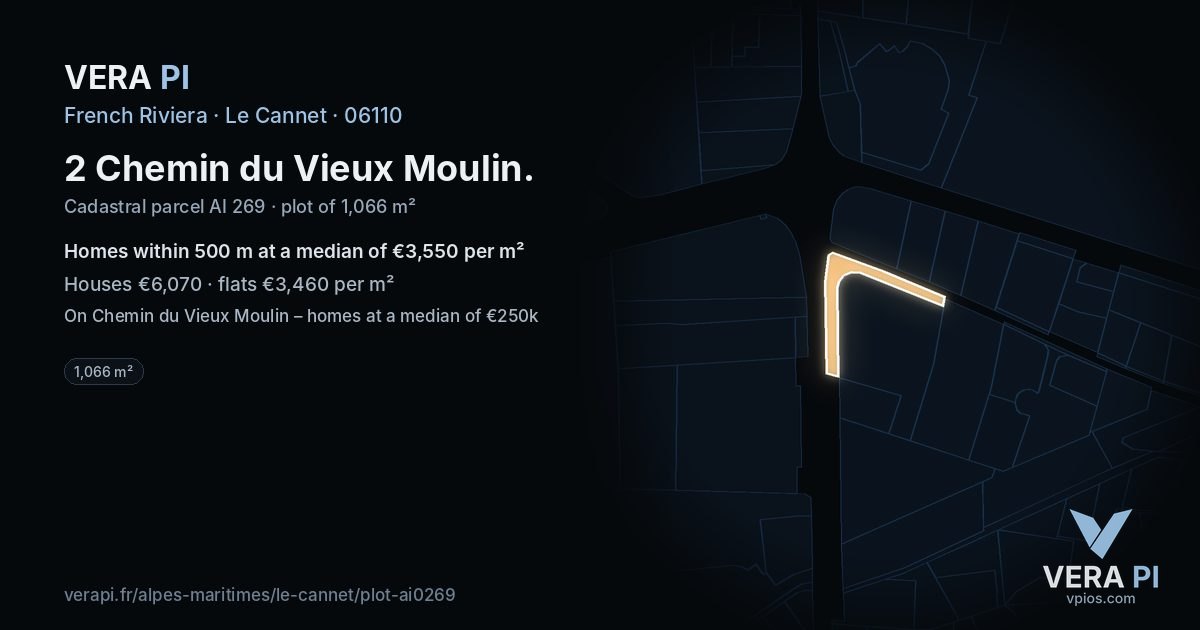 2 Chemin du Vieux Moulin, Le Cannet at night – the plot lit, the parcels around coloured by the prices near them
