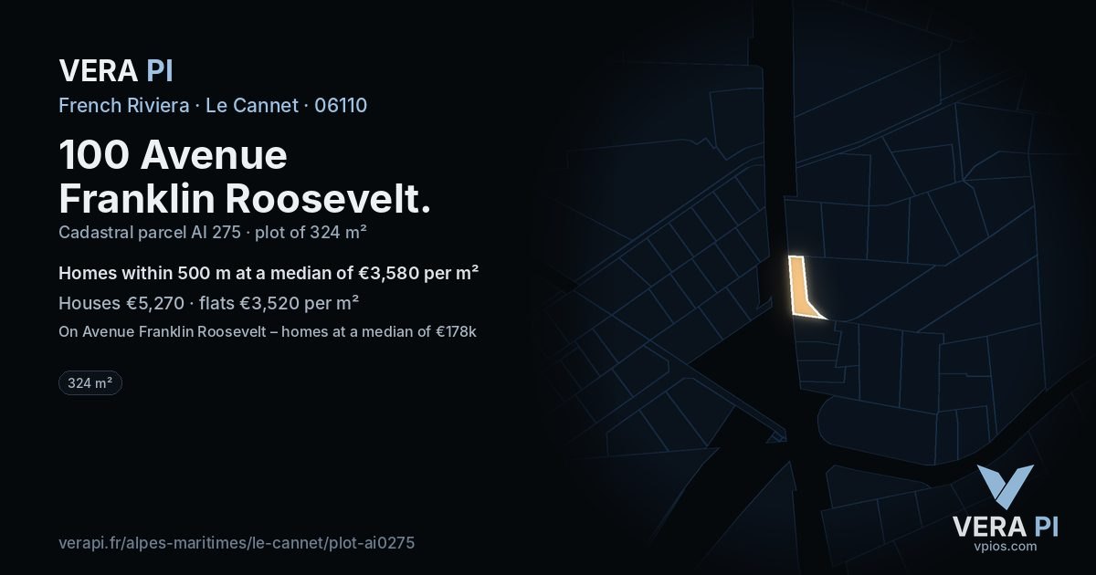 100 Avenue Franklin Roosevelt, Le Cannet at night – the plot lit, the parcels around coloured by the prices near them