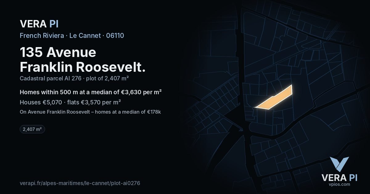 135 Avenue Franklin Roosevelt, Le Cannet at night – the plot lit, the parcels around coloured by the prices near them