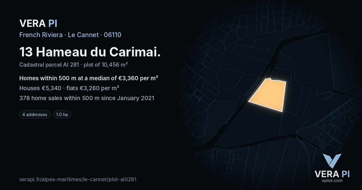 13 Hameau du Carimai, Le Cannet at night – the plot lit, the parcels around coloured by the prices near them