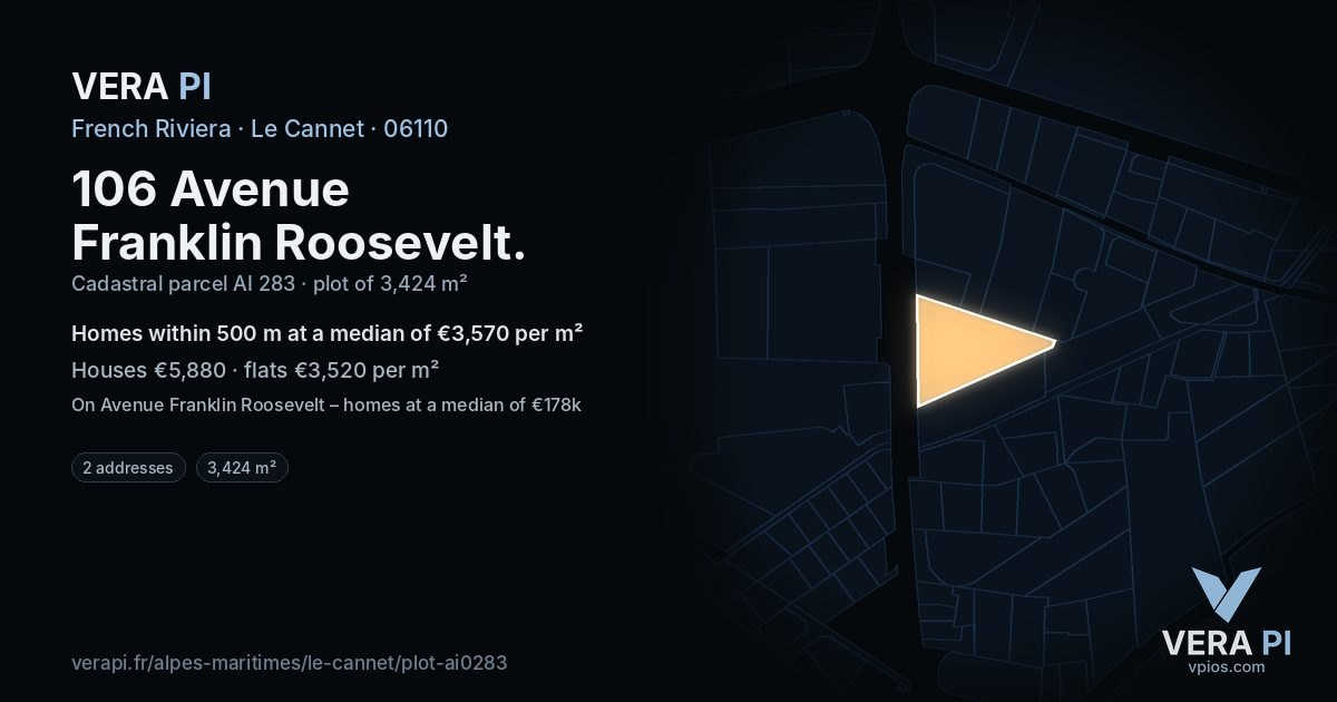 106 Avenue Franklin Roosevelt, Le Cannet at night – the plot lit, the parcels around coloured by the prices near them