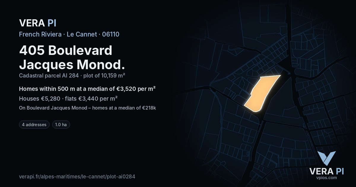 405 Boulevard Jacques Monod, Le Cannet at night – the plot lit, the parcels around coloured by the prices near them