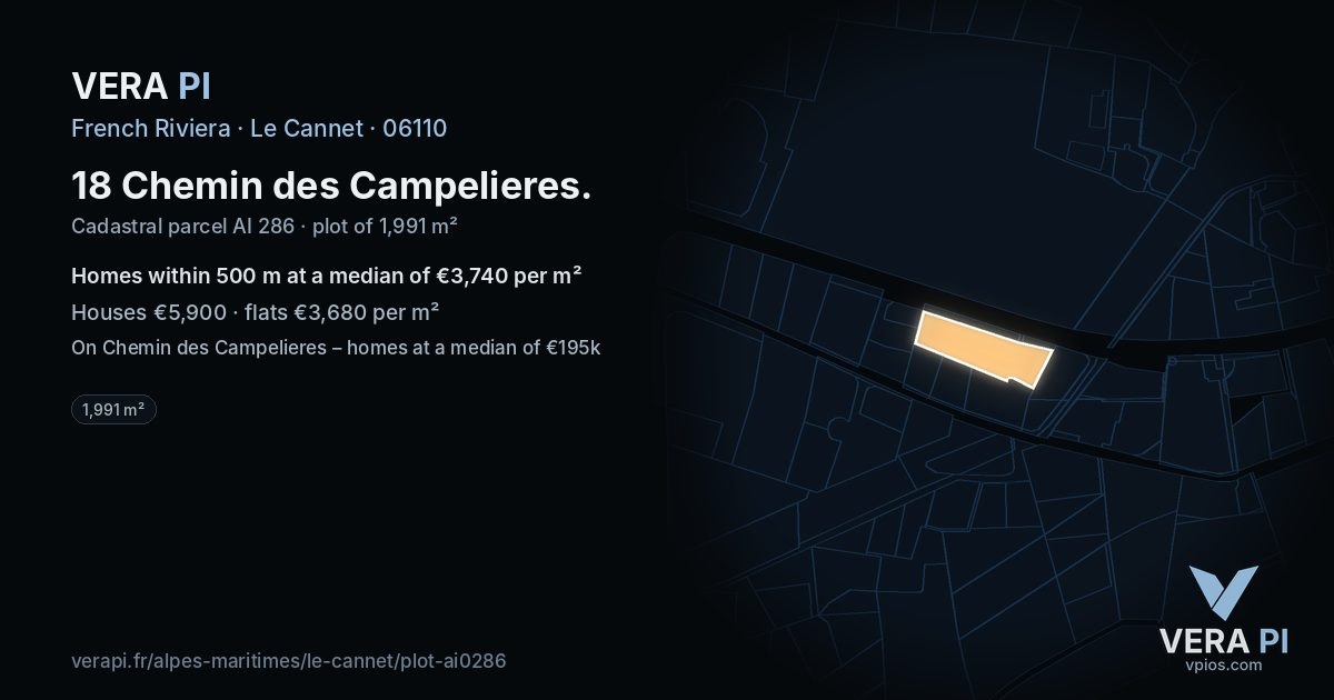 18 Chemin des Campelieres, Le Cannet at night – the plot lit, the parcels around coloured by the prices near them