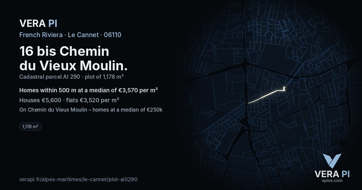 16 bis Chemin du Vieux Moulin, Le Cannet at night – the plot lit, the parcels around coloured by the prices near them