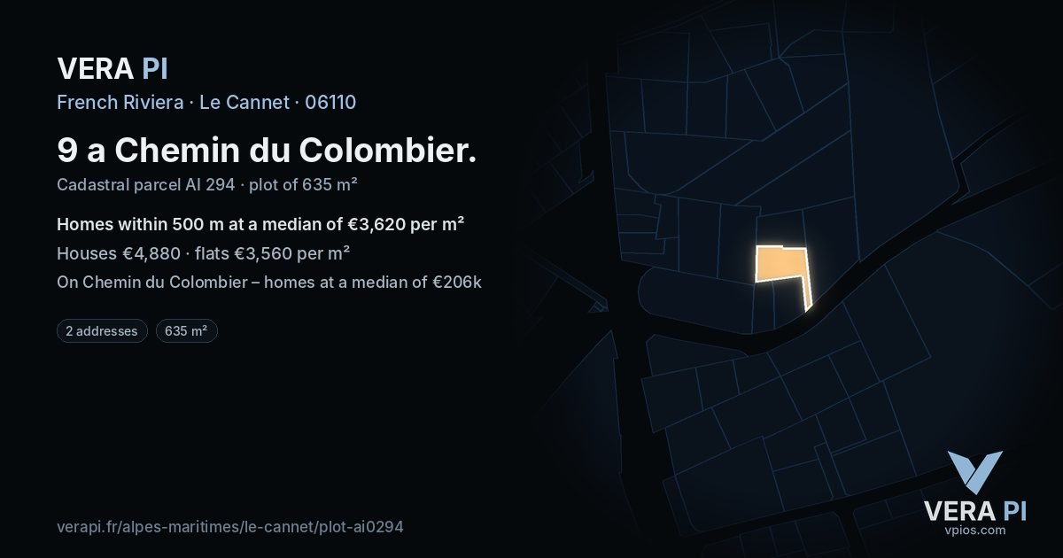 9 a Chemin du Colombier, Le Cannet at night – the plot lit, the parcels around coloured by the prices near them
