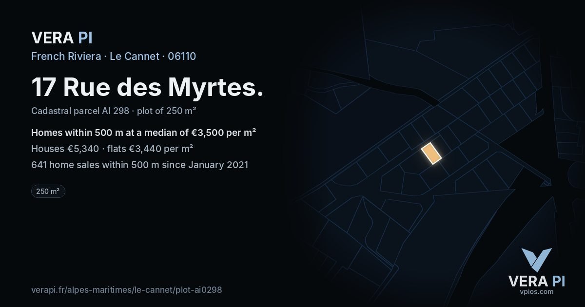 17 Rue des Myrtes, Le Cannet at night – the plot lit, the parcels around coloured by the prices near them