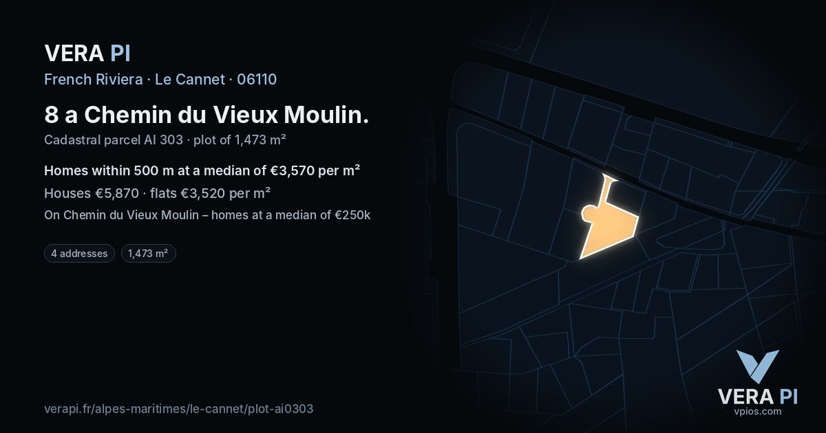 8 a Chemin du Vieux Moulin, Le Cannet at night – the plot lit, the parcels around coloured by the prices near them
