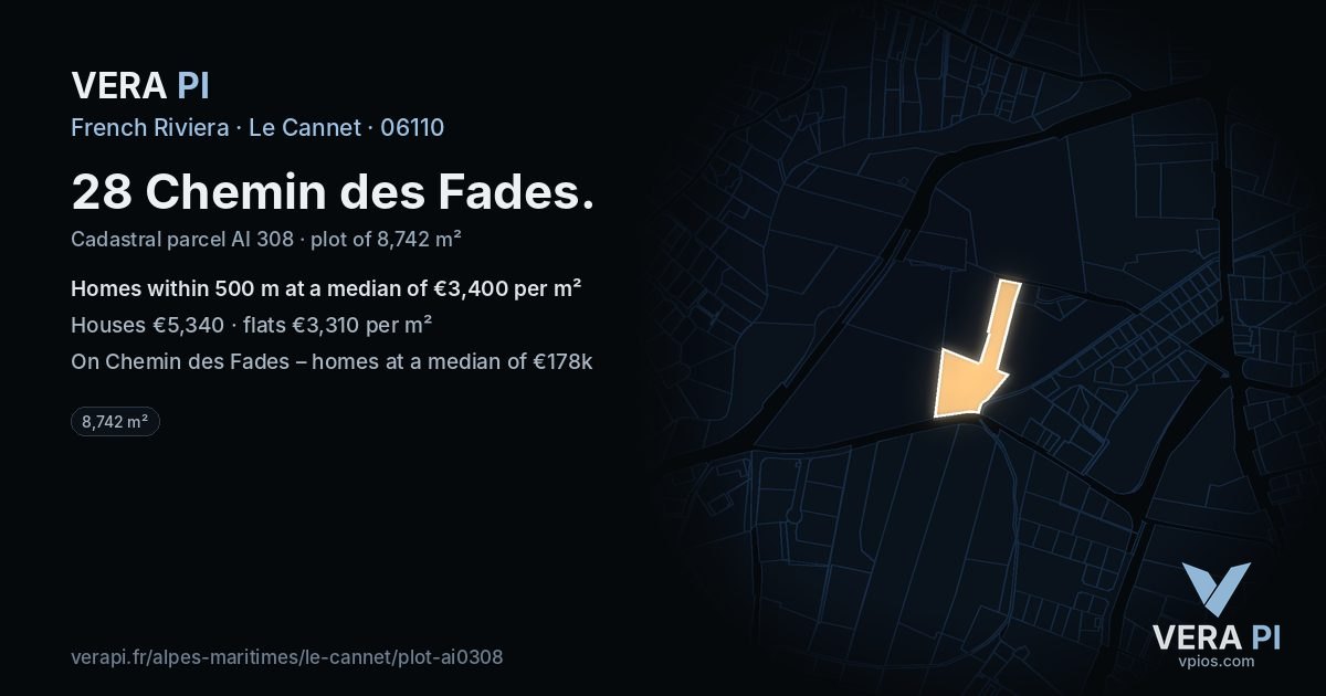 28 Chemin des Fades, Le Cannet at night – the plot lit, the parcels around coloured by the prices near them