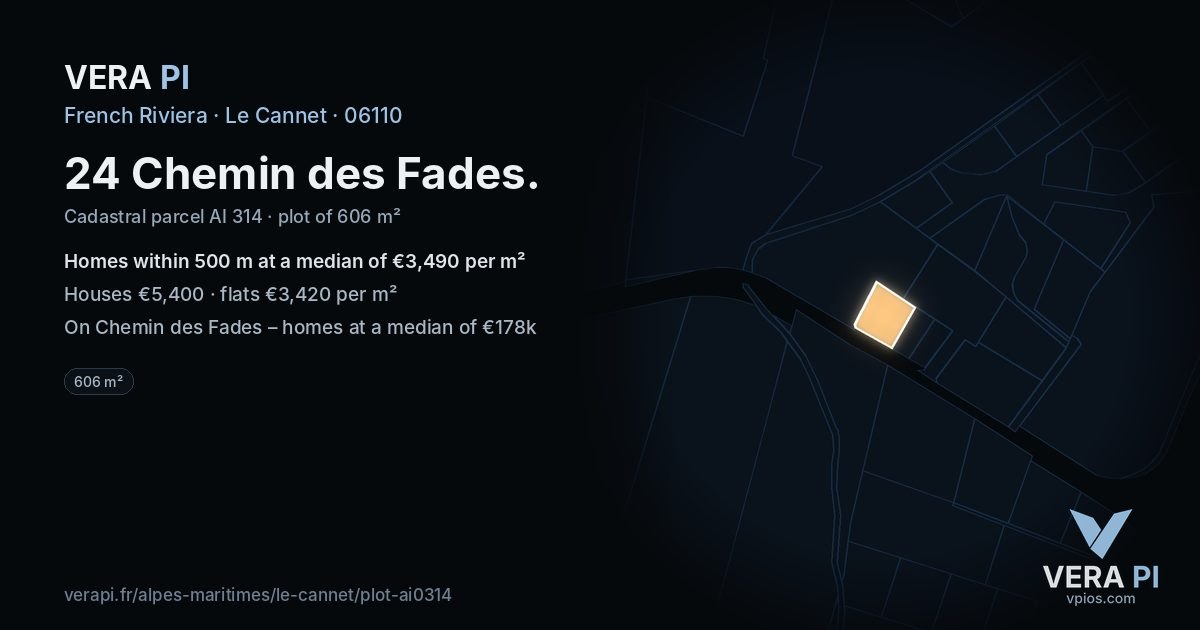 24 Chemin des Fades, Le Cannet at night – the plot lit, the parcels around coloured by the prices near them