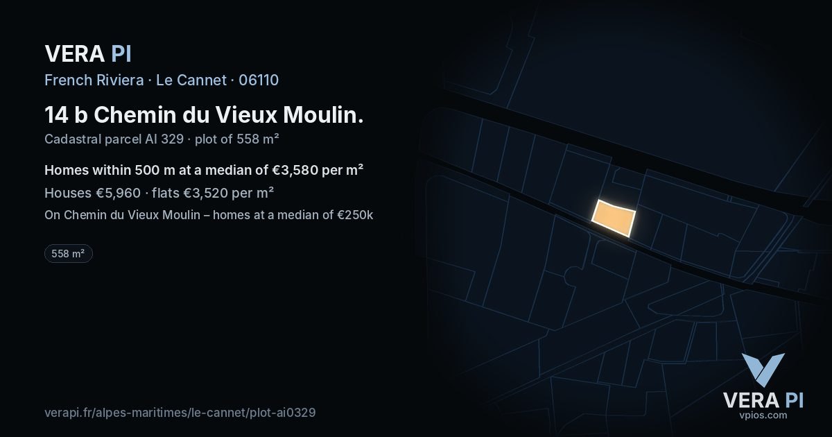 14 b Chemin du Vieux Moulin, Le Cannet at night – the plot lit, the parcels around coloured by the prices near them