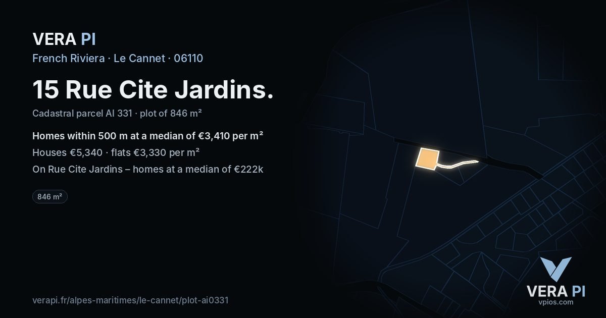 15 Rue Cite Jardins, Le Cannet at night – the plot lit, the parcels around coloured by the prices near them