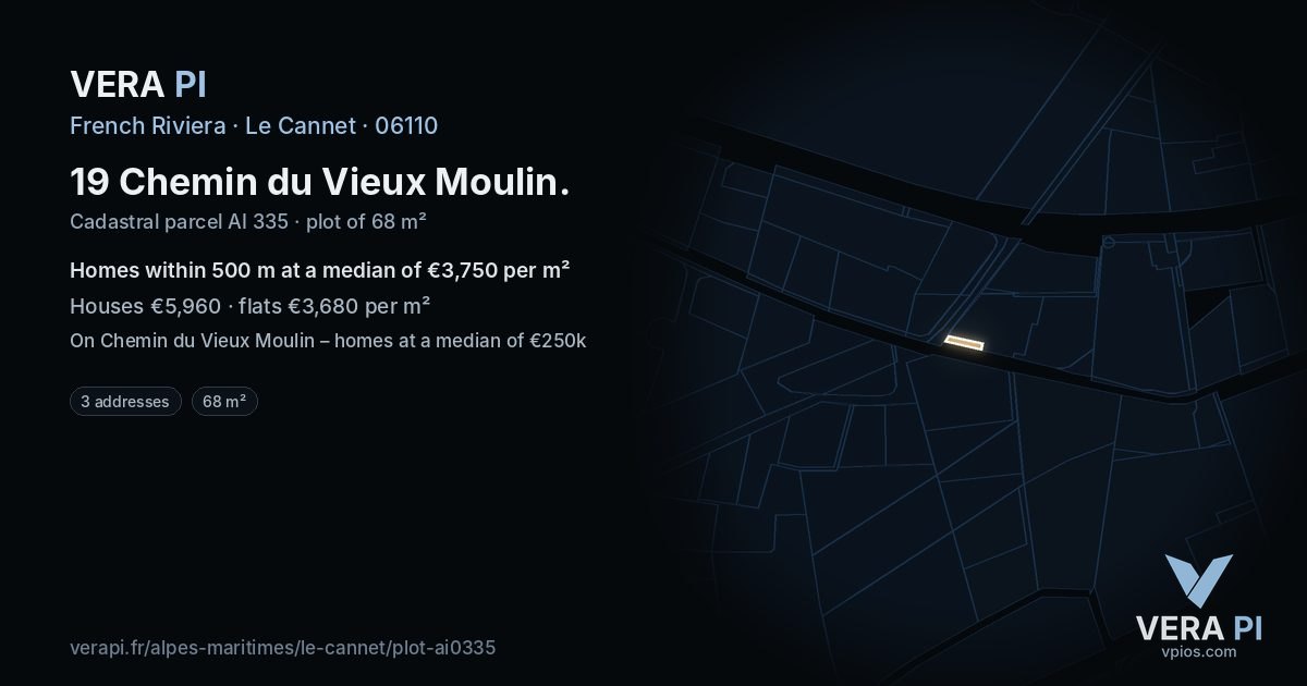 19 Chemin du Vieux Moulin, Le Cannet at night – the plot lit, the parcels around coloured by the prices near them
