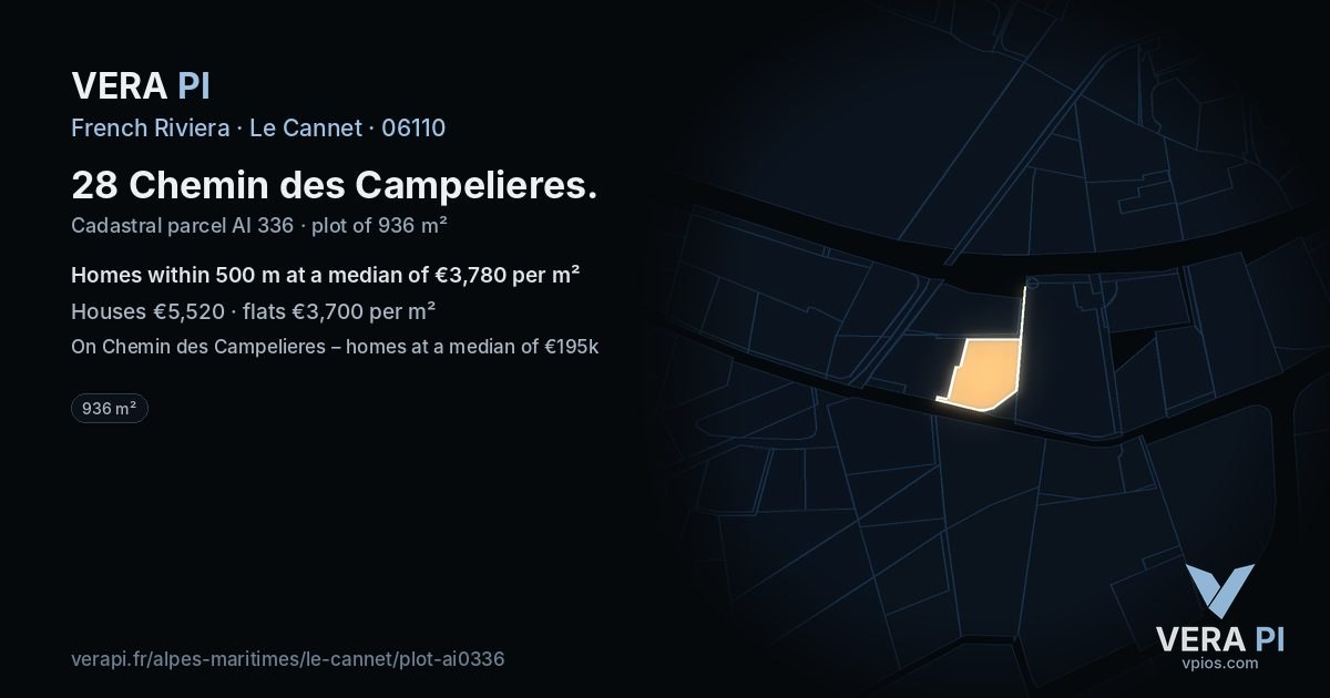 28 Chemin des Campelieres, Le Cannet at night – the plot lit, the parcels around coloured by the prices near them