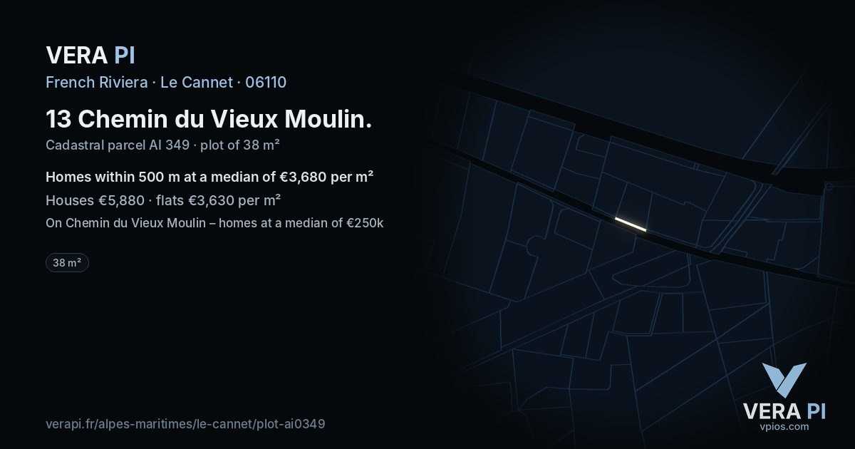 13 Chemin du Vieux Moulin, Le Cannet at night – the plot lit, the parcels around coloured by the prices near them