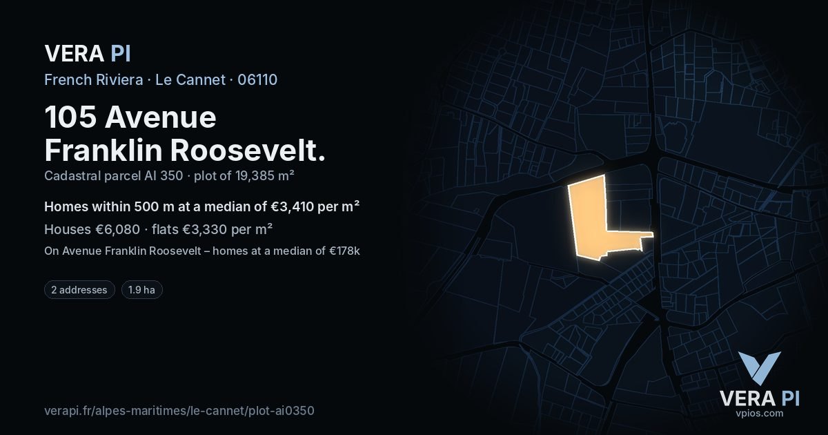 105 Avenue Franklin Roosevelt, Le Cannet at night – the plot lit, the parcels around coloured by the prices near them