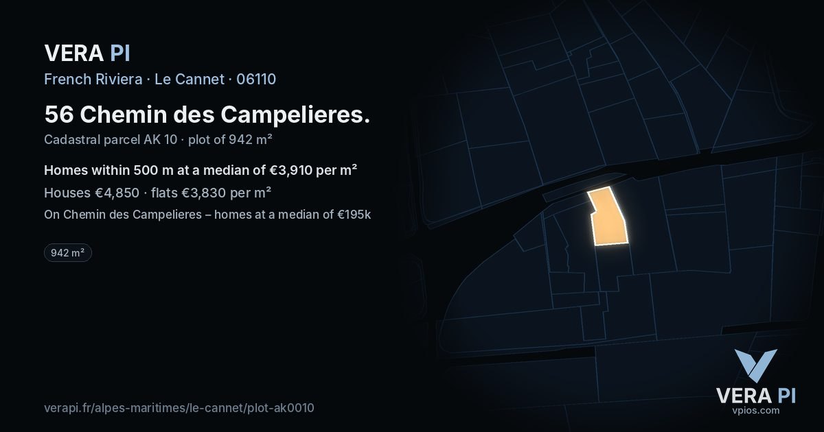 56 Chemin des Campelieres, Le Cannet at night – the plot lit, the parcels around coloured by the prices near them