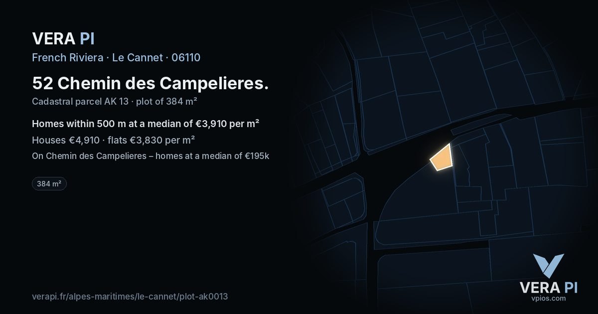 52 Chemin des Campelieres, Le Cannet at night – the plot lit, the parcels around coloured by the prices near them