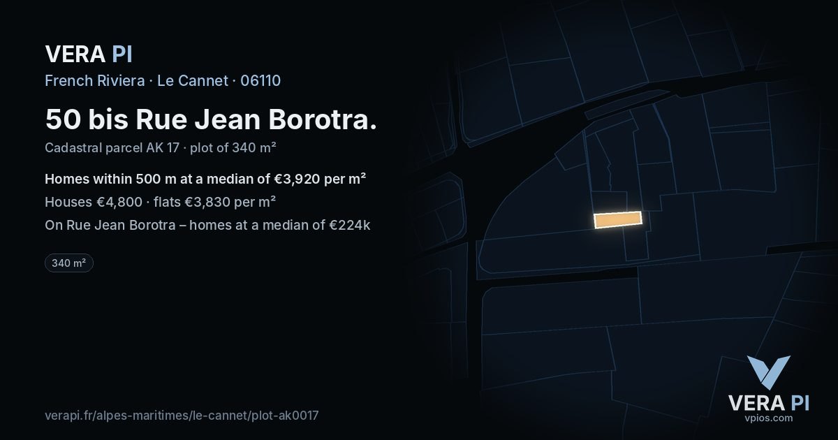 50 bis Rue Jean Borotra, Le Cannet at night – the plot lit, the parcels around coloured by the prices near them