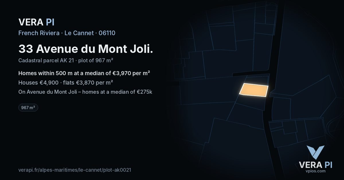 33 Avenue du Mont Joli, Le Cannet at night – the plot lit, the parcels around coloured by the prices near them