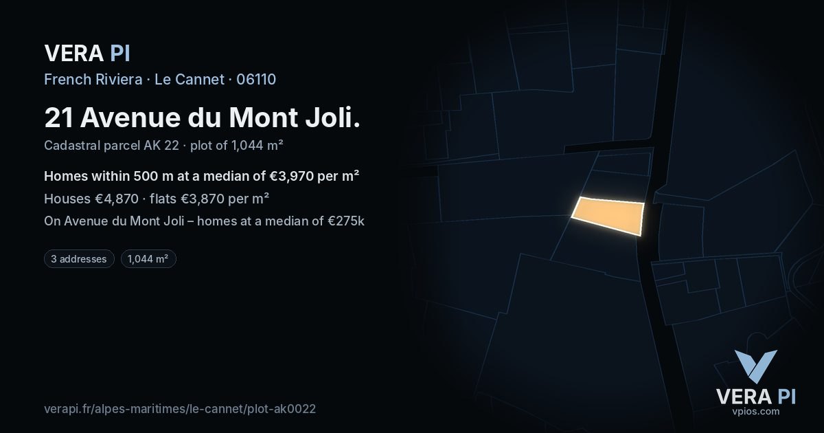 21 Avenue du Mont Joli, Le Cannet at night – the plot lit, the parcels around coloured by the prices near them