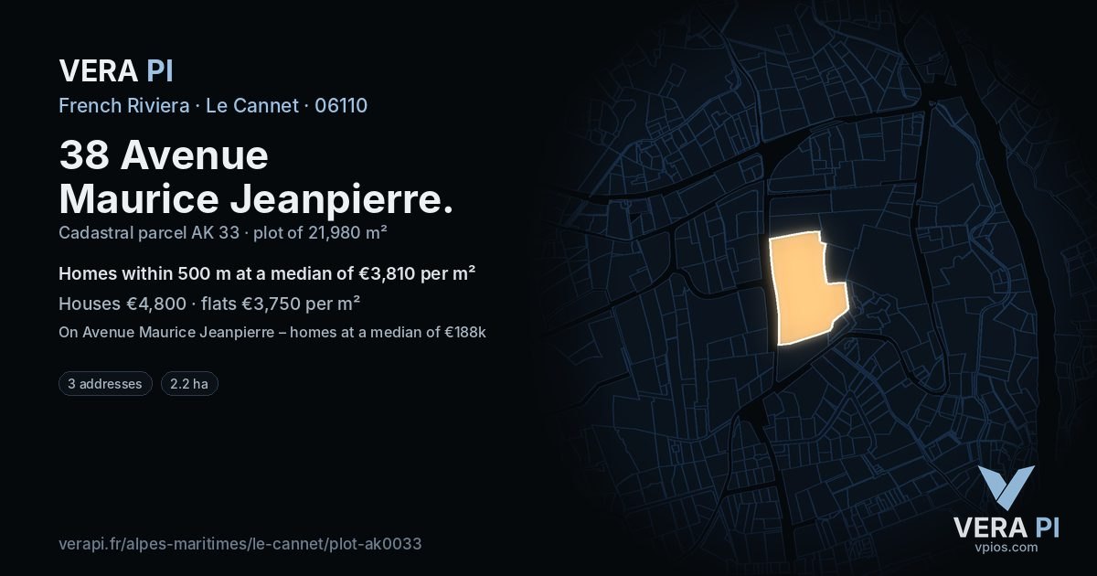 38 Avenue Maurice Jeanpierre, Le Cannet at night – the plot lit, the parcels around coloured by the prices near them