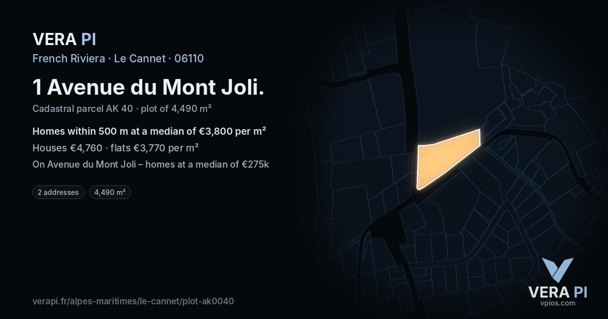 1 Avenue du Mont Joli, Le Cannet at night – the plot lit, the parcels around coloured by the prices near them